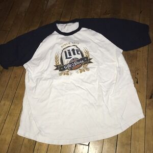 Miller Lite T Shirt Adult Size Large White Blue Baseball Raglan Short Sleeve